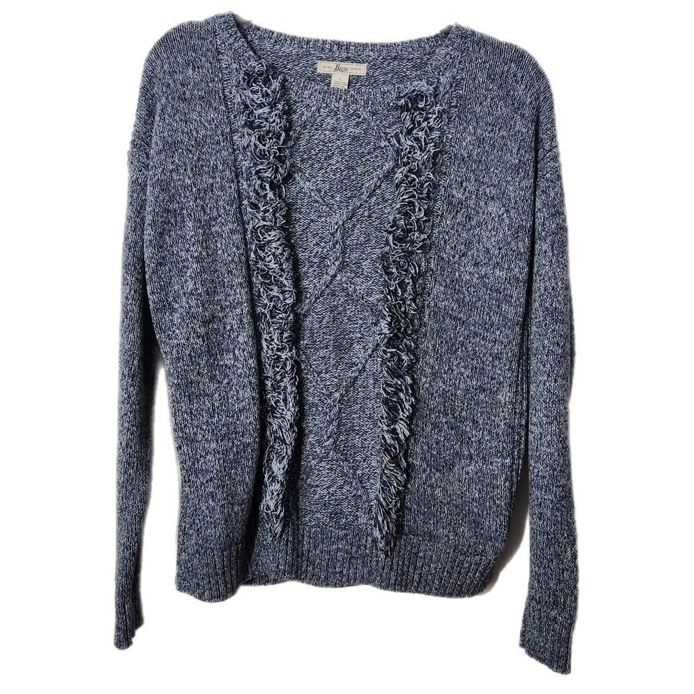 BassCrewneck SweaterCable Knit TopFringeNavy Blue White Women's Large